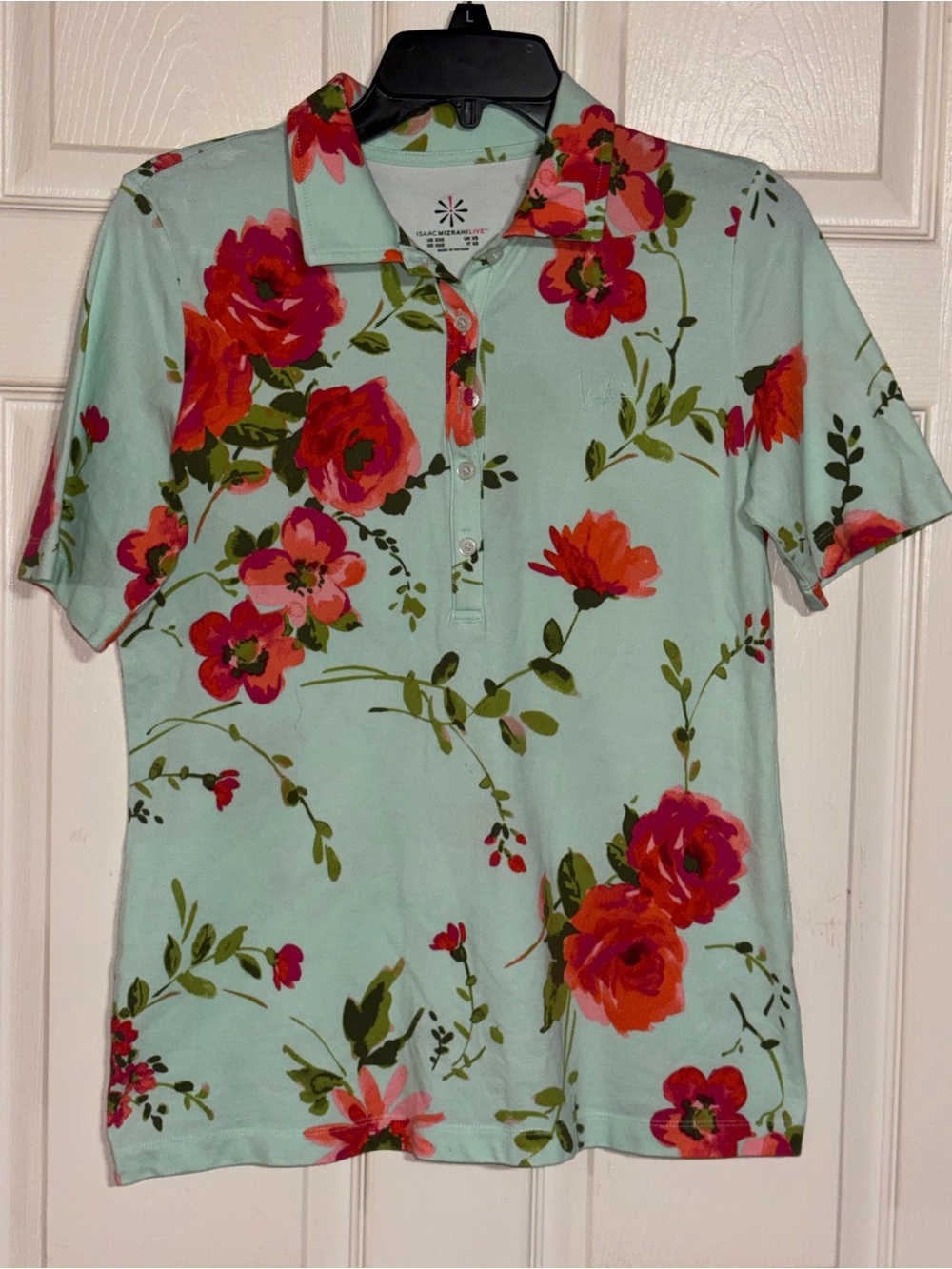 Isaac Mizrahi Light Aqua Polo with Pink and Coral Floral Print